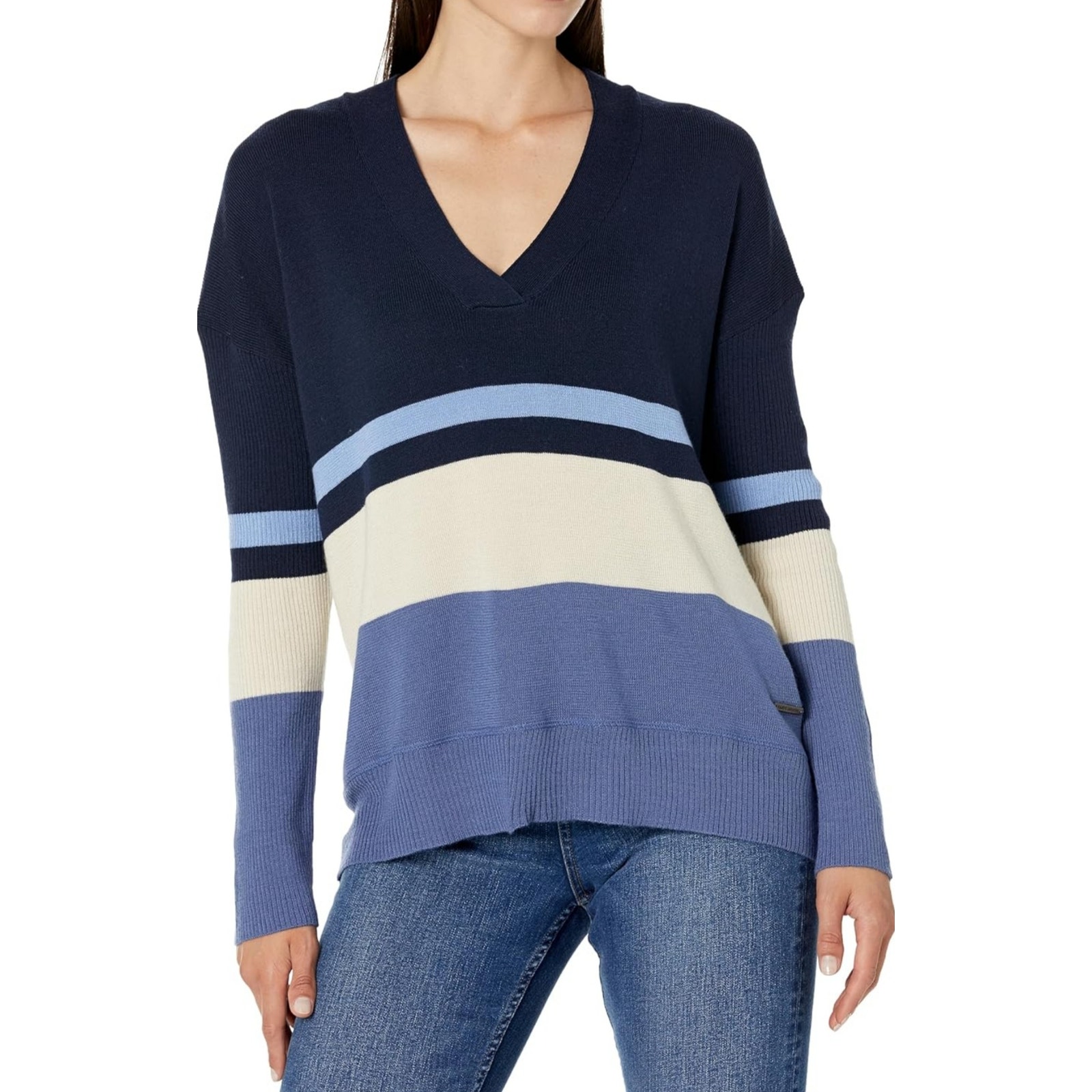 Carve Designs Aurora Color Block Wool V-Neck Sweater Sz Large Navy Blue Cream